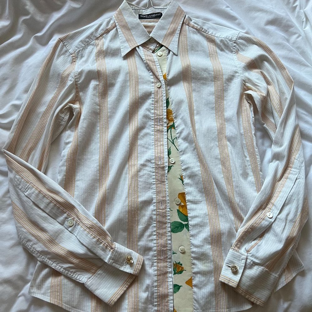 Dolce & Gabbana Striped Button Up Shirt with Flower Detail